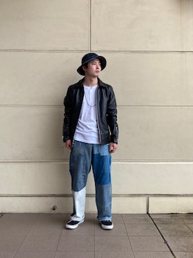 「アキコーデ」｜「アイテム（ライダースジャケット）」を使った、tomoyaさん（メンズ・166cm）の夏コーディネート