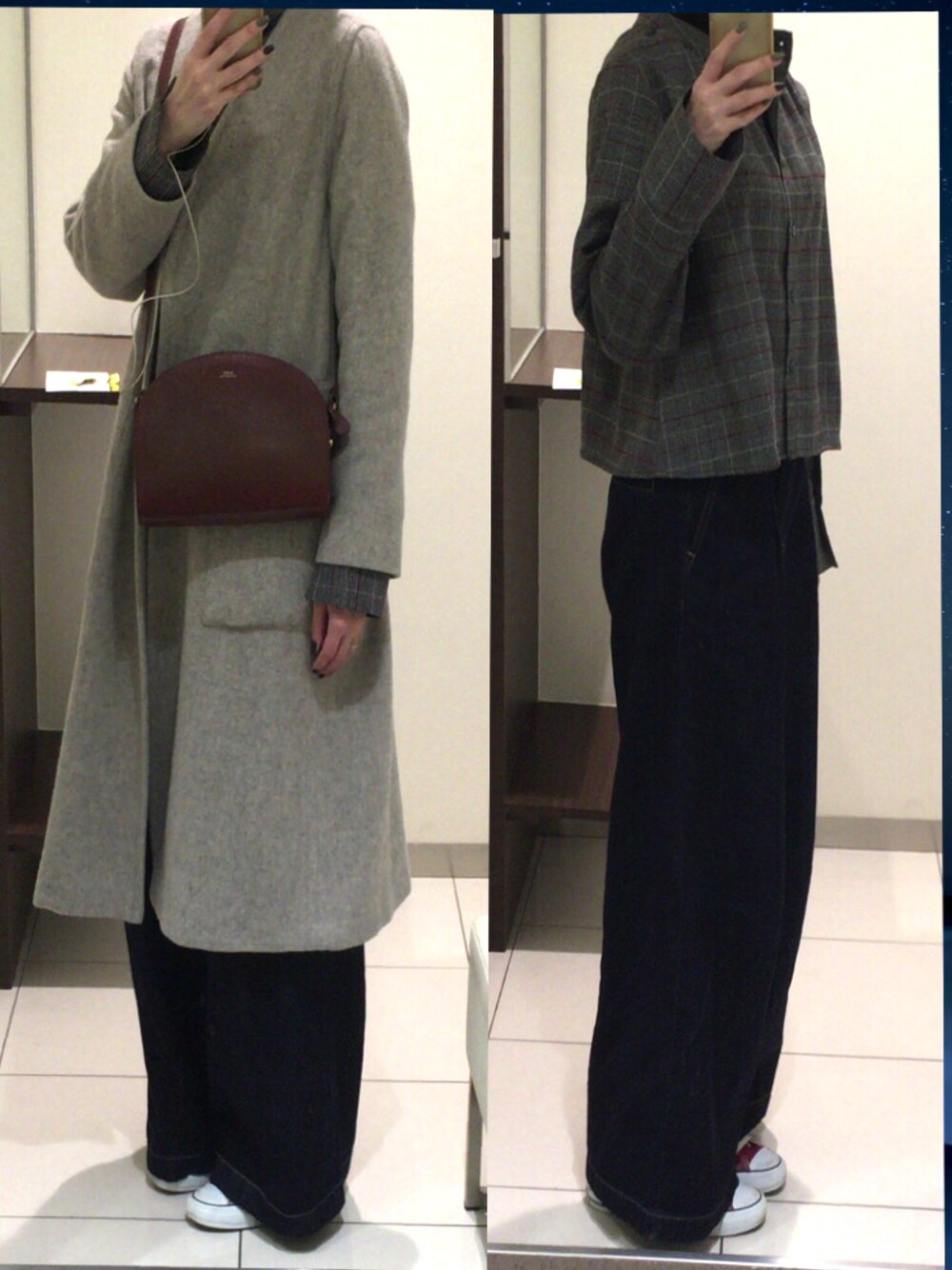「ゆるコーデ、パンツスタイル、ワイドパンツ、ワイドデニム、スニーカー、コンバース、UNIQLO」｜「Ray BEAMSの【WEB限定】Ray BEAMS / モッサノーカラー ロング コート（ノーカラージャケット、グレー系）」を使った、福太郎さん（レディース・164cm）の冬コーディネートの1枚目の写真