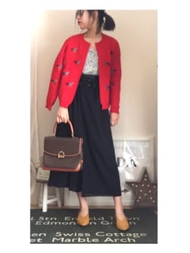 「Ameri（アメリ）のZEBRAS EMBLOIDERED CARDIGAN（カーディガン/ボレロ、レッド系）」を使った、kaori.ksさん（レディース・157cm）の春コーディネート