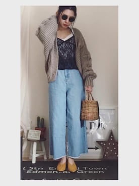 「mysty woman（ミスティウーマン）の11ozデニムフリンジワイドパンツ（デニムパンツ、ブルー系）」を使った、kaori.ksさん（レディース・157cm）の春コーディネート