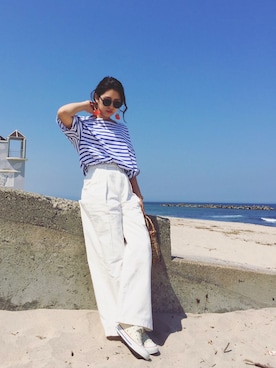 「niko and...（ニコアンド）の綿ボーダーボートネックTシャツ【niko and ...】（Tシャツ/カットソー、ブルー系）」を使った、kaori.ksさん（レディース・157cm）の春コーディネート