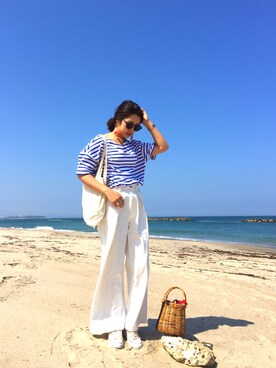 「niko and...（ニコアンド）の綿ボーダーボートネックTシャツ【niko and ...】（Tシャツ/カットソー、ブルー系）」を使った、kaori.ksさん（レディース・157cm）の春コーディネート