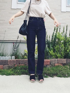 「UNIQLO（ユニクロ）のクロップドクルーネックＴ（半袖）（Tシャツ/カットソー、ベージュ系）」を使った、kaori.ksさん（レディース・157cm）の夏コーディネート