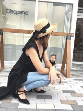 「coca（coca）（コカ）のバックリボンエッジアップペーパーハット（ハット、ベージュ系）」を使った、momo_xoxo.babyさん（レディース・170cm）の秋コーディネート