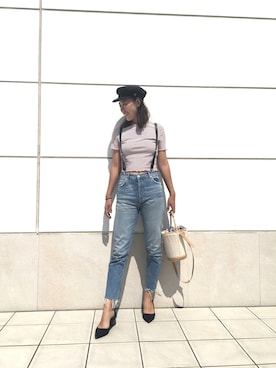 「MOUSSY（マウジー）のHEMP MARINE CAP（キャスケット、ブラック系）」を使った、momo_xoxo.babyさん（レディース・170cm）の秋コーディネート