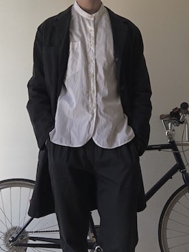 「MHL.（エムエイチエル）のアイテム（チェスターコート）」を使った、Mamoru  Takahashiさん（メンズ・168cm）の春コーディネート