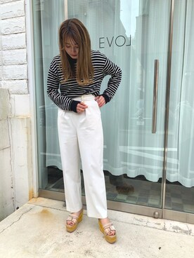 「EVOL（イーボル）のEVOL × Yukko コラボスクエアウエッジサンダル AQ30444（サンダル）」を使った、EVOL PRESSさん（レディース・160cm）の春コーディネート