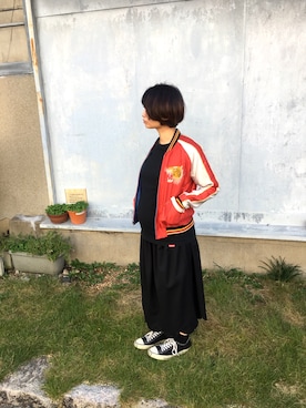 「TAILOR TOYO（テーラートウヨウ）のアイテム（ジャケット/アウター、レッド系）」を使った、いぬゆりさん（レディース・155cm）の秋コーディネート