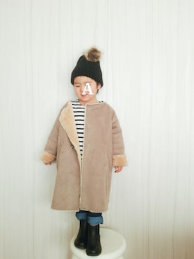 「アイテム（ムートンコート）」を使った、あっくんさん（キッズ・90cm）の冬コーディネート