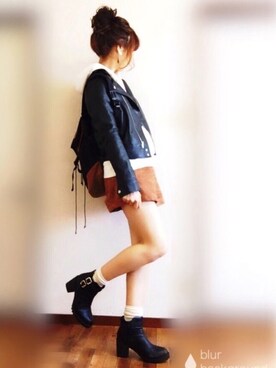 「one after another NICE CLAUP（ワンアフターアナザーナイスクラップ）のアイテム（ライダースジャケット）」を使った、ぴょんさん（レディース・167cm）の冬コーディネート