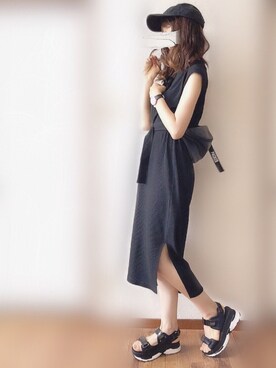 「natural couture（ナチュラルクチュール）のDカンベルト付きワッフルTワンピ（ワンピース）」を使った、ぴょんさん（レディース・167cm）の夏コーディネート