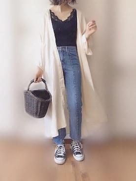 「select MOCA（セレクトモカ）の【GISELe4月号掲載】【GISELe12月号掲載】センタープレスストレートヘムラインカットオフダメージ加工デニム（デニムパンツ）」を使った、ぴょんさん（レディース・167cm）の春コーディネート