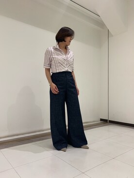 「NARACAMICIE（ナラカミーチェ）のストライプスーパーストレッチスタンドカラーシャツ（シャツ/ブラウス、パープル系）」を使った、madoka1016さん（レディース・157cm）の春コーディネート