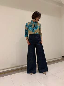 「NARACAMICIE（ナラカミーチェ）のコットンストレッチワイドパンツ（その他パンツ、ブルー系）」を使った、madoka1016さん（レディース・157cm）の春コーディネート