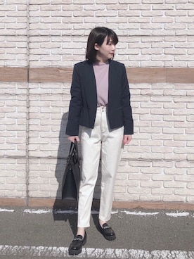「ホワイトデニム」｜「アイテム（ノーカラージャケット）」を使った、ネリさん（レディース・162cm）の冬コーディネート