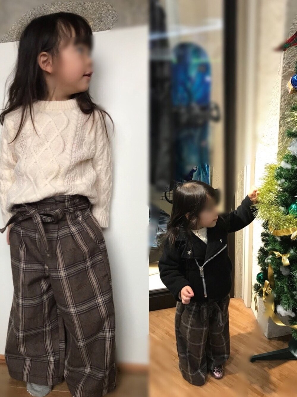 「グレンチェックリンクコーデ、おかいもの、冬コーデ、親子リンク」｜「Birthdayのアイテム（ニット/セーター、ホワイト系）」を使った、chansaaaaaさん（キッズ・90cm）の冬コーディネートの1枚目の写真