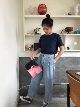 「UNIQLO（ユニクロ）のアイテム（Tシャツ/カットソー、ブルー系）」を使った、yoyofeelsgood さん（レディース・160cm）の春コーディネート
