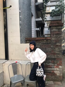 「no brand（ノーブランド）のアイテム（ニットキャップ/ビーニー、ブルー系）」を使った、yoyofeelsgood さん（レディース・160cm）の冬コーディネート