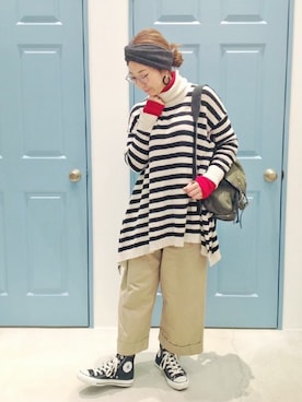 「ボーダーニット」｜staff-TUさん（レディース・158cm）の秋コーディネート