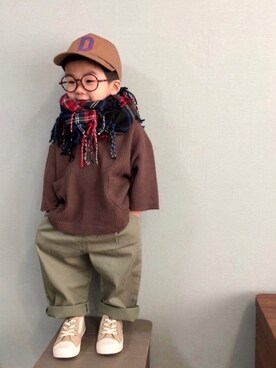 「チェックマフラー」｜「アイテム（その他）」を使った、yo_yoさん（キッズ・90cm）の冬コーディネート