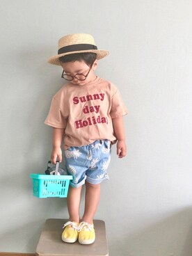 「アイテム（スリッポン、イエロー系）」を使った、yo_yoさん（キッズ・90cm）の夏コーディネート