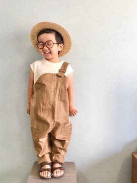 「ブラウンコーデ」｜「アイテム（サロペット/オーバーオール）」を使った、yo_yoさん（キッズ・90cm）の夏コーディネート
