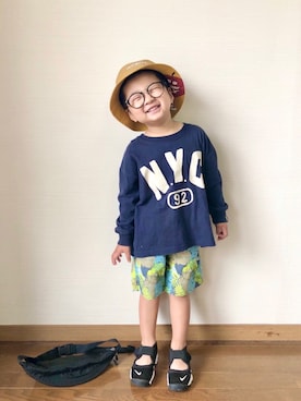 「FRUIT OF THE LOOM（フルーツオブザルーム）のアイテム（帽子）」を使った、yo_yoさん（キッズ・100cm）の春コーディネート
