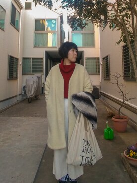 「TODAY'S SPECIAL（トゥデイズスペシャル）のMARCHE BAG/マルシェバッグ（エコバッグ/サブバッグ）」を使った、おぐらのゆみさんさん（レディース・165cm）の冬コーディネート