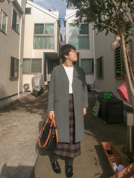「studio CLIP（スタディオクリップ）のアイテム（ノーカラージャケット）」を使った、おぐらのゆみさんさん（レディース・165cm）の冬コーディネート