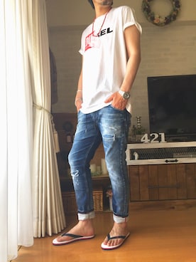 「アイテム（ビーチサンダル）」を使った、O.takahiro👖さん（メンズ・181cm・40代）の夏コーディネート