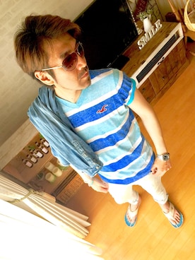 「マリン」｜「アイテム（ビーチサンダル）」を使った、O.takahiro👖さん（メンズ・181cm）の夏コーディネート