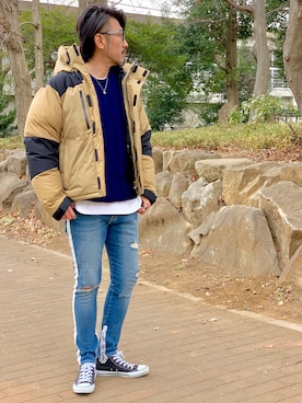 「レイヤードstyle」｜「アイテム（ダウンジャケット/コート）」を使った、O.takahiro👖さん（メンズ・181cm）の冬コーディネート