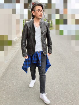 「アイテム（ライダースジャケット）」を使った、O.takahiro👖さん（メンズ・181cm・40代）の秋コーディネート