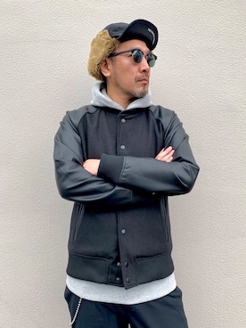 「jiggys shop（ジギーズショップ）のアイテム（スタジャン）」を使った、O.takahiro👖さん（メンズ・181cm）の冬コーディネート