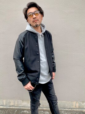「jiggys shop（ジギーズショップ）のアイテム（スタジャン）」を使った、O.takahiro👖さん（メンズ・181cm）の冬コーディネート