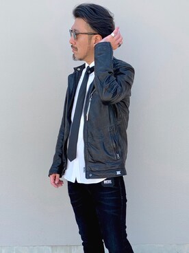 「DIESEL（ディーゼル）のアイテム（ライダースジャケット）」を使った、O.takahiro👖さん（メンズ・181cm）の春コーディネート