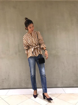 「BEAUTY&YOUTH UNITED ARROWS（ビューティーアンドユースユナイテッドアローズ）のアイテム（シャツ/ブラウス、オレンジ系）」を使った、Shiori Kotedaさん（レディース・169cm）の夏コーディネート