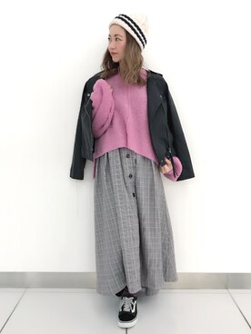「w closet」｜「アイテム（ライダースジャケット）」を使った、TOSHIBE KAYOKOさん（レディース・158cm）の冬コーディネート