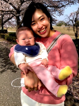 「花見」｜「アイテム（スウェットパンツ）」を使った、だいふく🍼さん（レディース・174cm）の春コーディネート