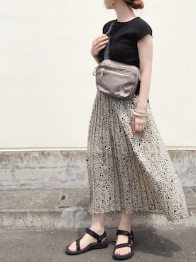 「Chaco closet（チャコ クローゼット）のアソートプリーツ Aラインウエストゴムロングスカート[チェック 小花柄 ダルメシアン コーデュロイ サテン シアー 無地]（スカート）」を使った、no＊さん（レディース・160cm）の夏コーディネート