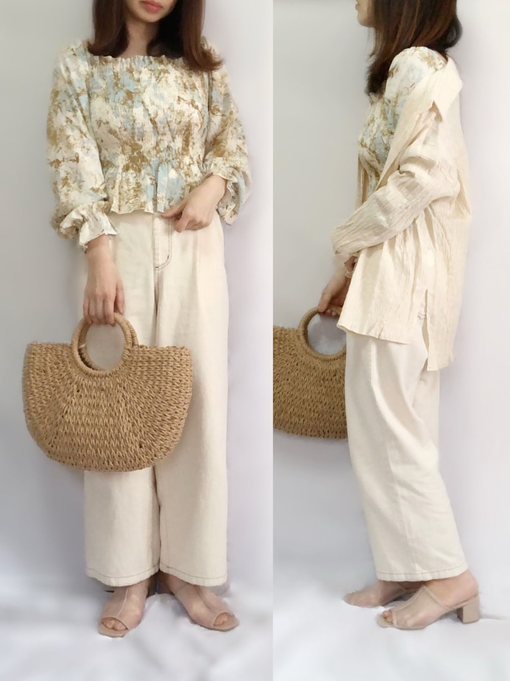 ベージュ系のシャツ/ブラウス、グリーン系のシャツ/ブラウス、ホワイト系のデニムパンツを着用したレディースの春コーディネートの1枚目の写真