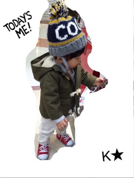 「アイテム（ダッフルコート、グリーン系）」を使った、K.★さん（キッズ・70cm）の冬コーディネート