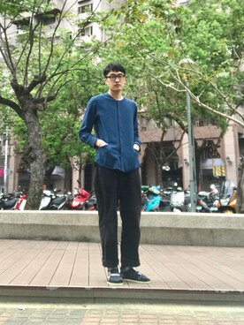 「oqLiq（オークリック）のアイテム（ノーカラージャケット）」を使った、Lu Chan Hanさん（メンズ・184cm）の春コーディネート