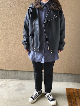「JUNOAH（ジュノア）のアイテム（ライダースジャケット）」を使った、namiさん（レディース・163cm）の春コーディネート