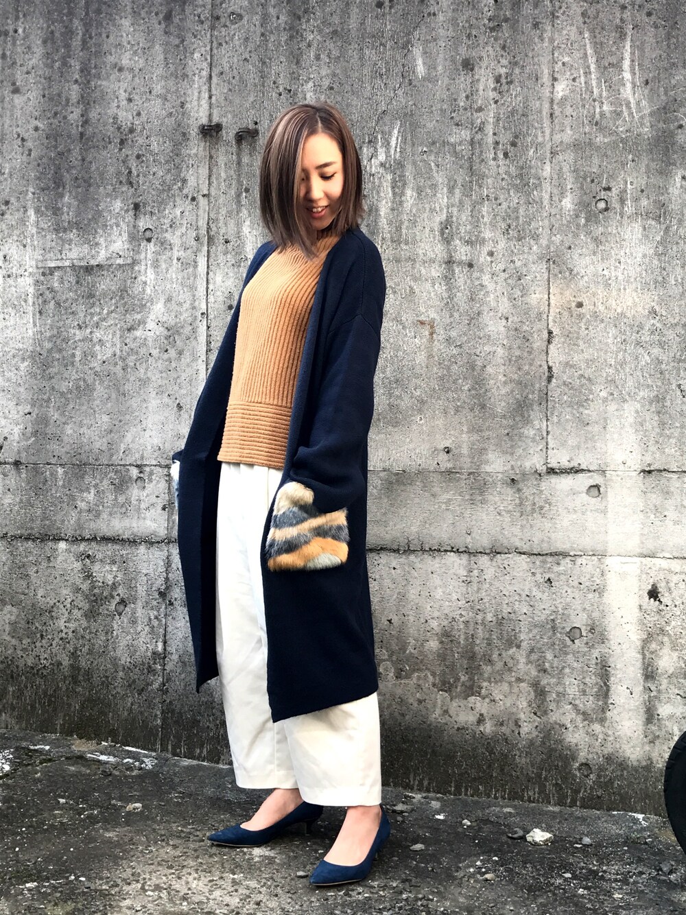 「仕事コーデ、適当、明日からがんばろ、パンツスタイル、オーバーコーデ、ハイライト入れた、プチプラ、低身長」｜「Re:EDITのアイテム（その他アウター、ブルー系）」を使った、anさん（レディース・155cm）の秋コーディネートの1枚目の写真