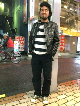 「秋のブラウンスタイル」｜「アイテム（ライダースジャケット）」を使った、神田潔さん（メンズ・175cm）の秋コーディネート