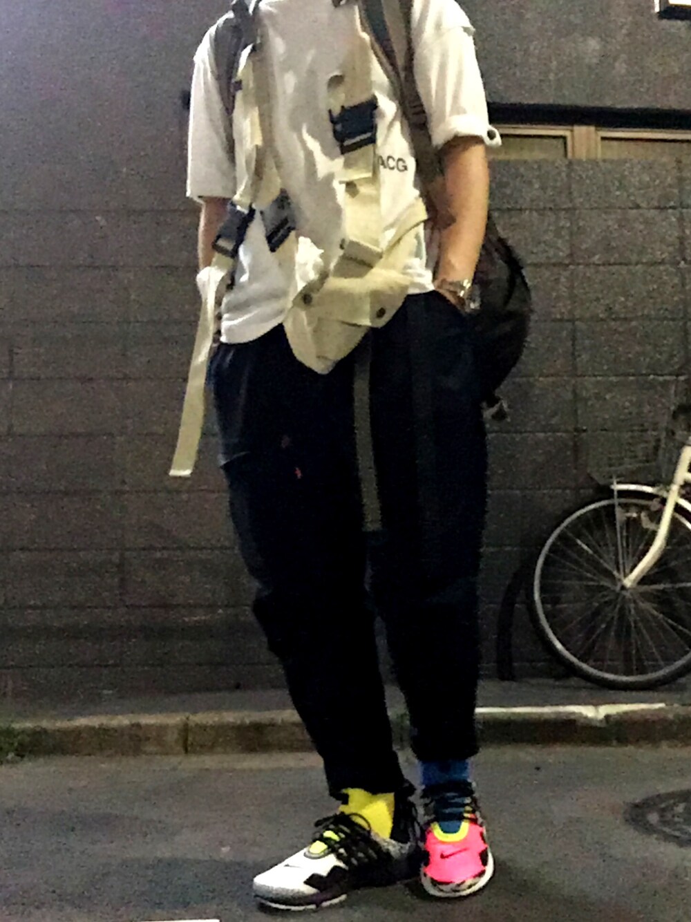 「ナイキ、NIKE、ACG、sneakers、日本、Japan、techwear、ootd、outfit、休日スタイル」｜「NIKEのアイテム（Tシャツ/カットソー、ホワイト系）」を使った、 doy doy 000さん（メンズ・169cm）の春コーディネートの1枚目の写真