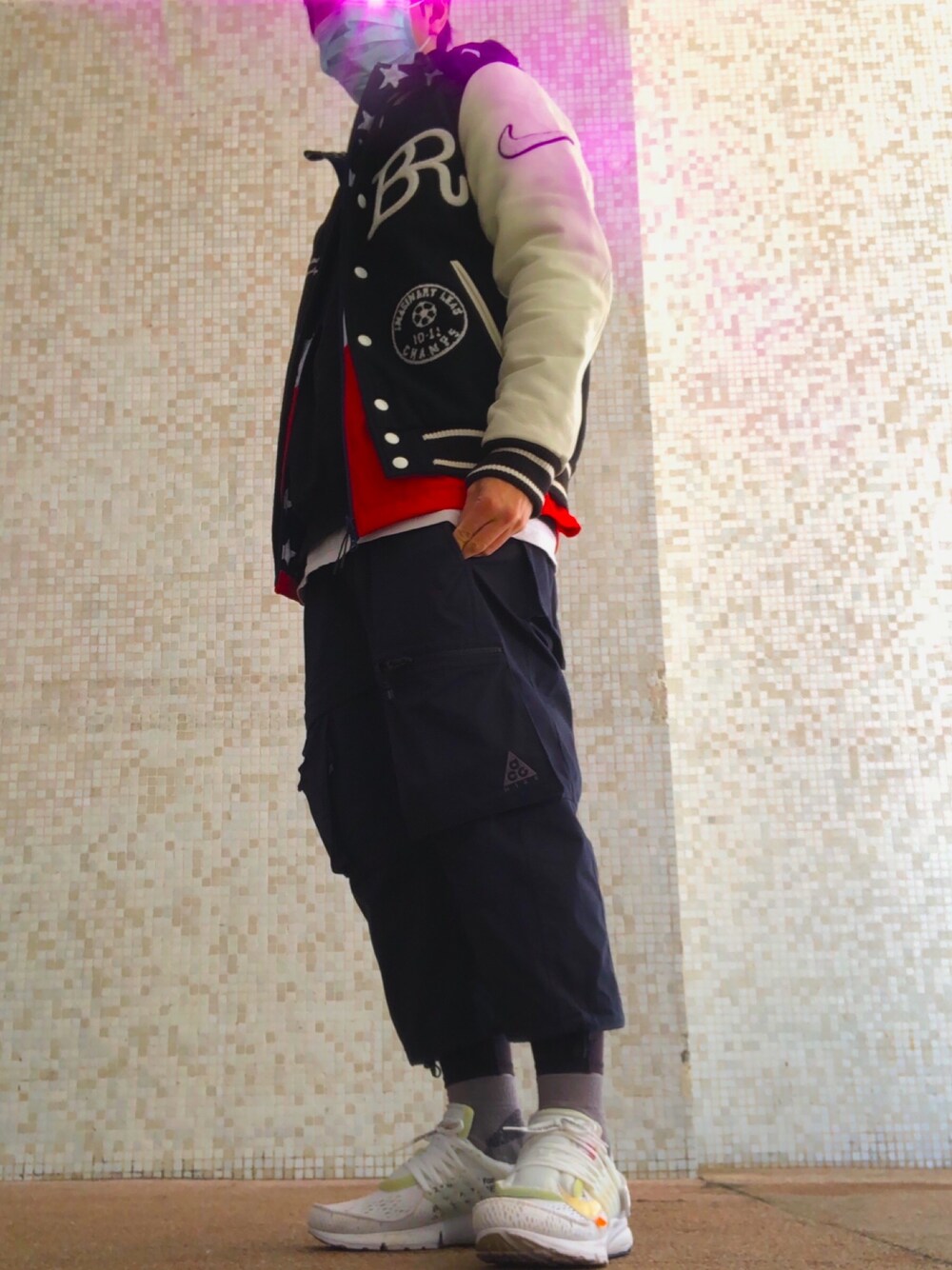 「ootd、街頭穿搭、kicks、FCRB、SOPHNET.、UNIQLO、NIKE、ACG、NIKEACG、off white」｜「F.C.R.B.のアイテム（スタジャン、ブラック系）」を使った、 doy doy 000さん（メンズ・172cm）の冬コーディネートの1枚目の写真