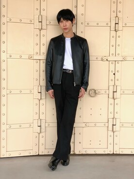 「tk.TAKEO KIKUCHI（ティーケータケオキクチ）のアイテム（ライダースジャケット）」を使った、tk.TAKEOKIKUCHI赤レンガさん（メンズ・178cm）の冬コーディネート