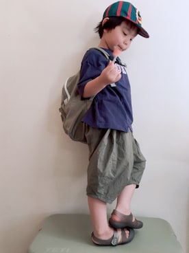 「Mini Rodini（ミニロディーニ）のアイテム（キャップ）」を使った、Buuuuuchさん（キッズ・100cm）の秋コーディネート